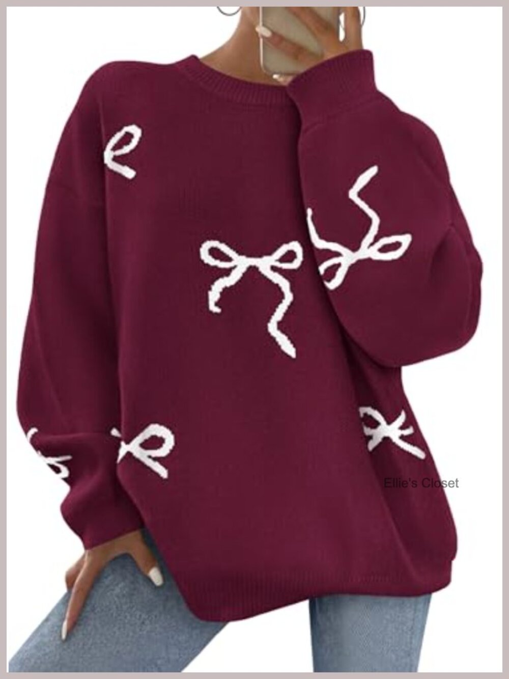 Oversized Chunky Knit Bow Print Long Sleeve Crew Neck Pullover Sweater